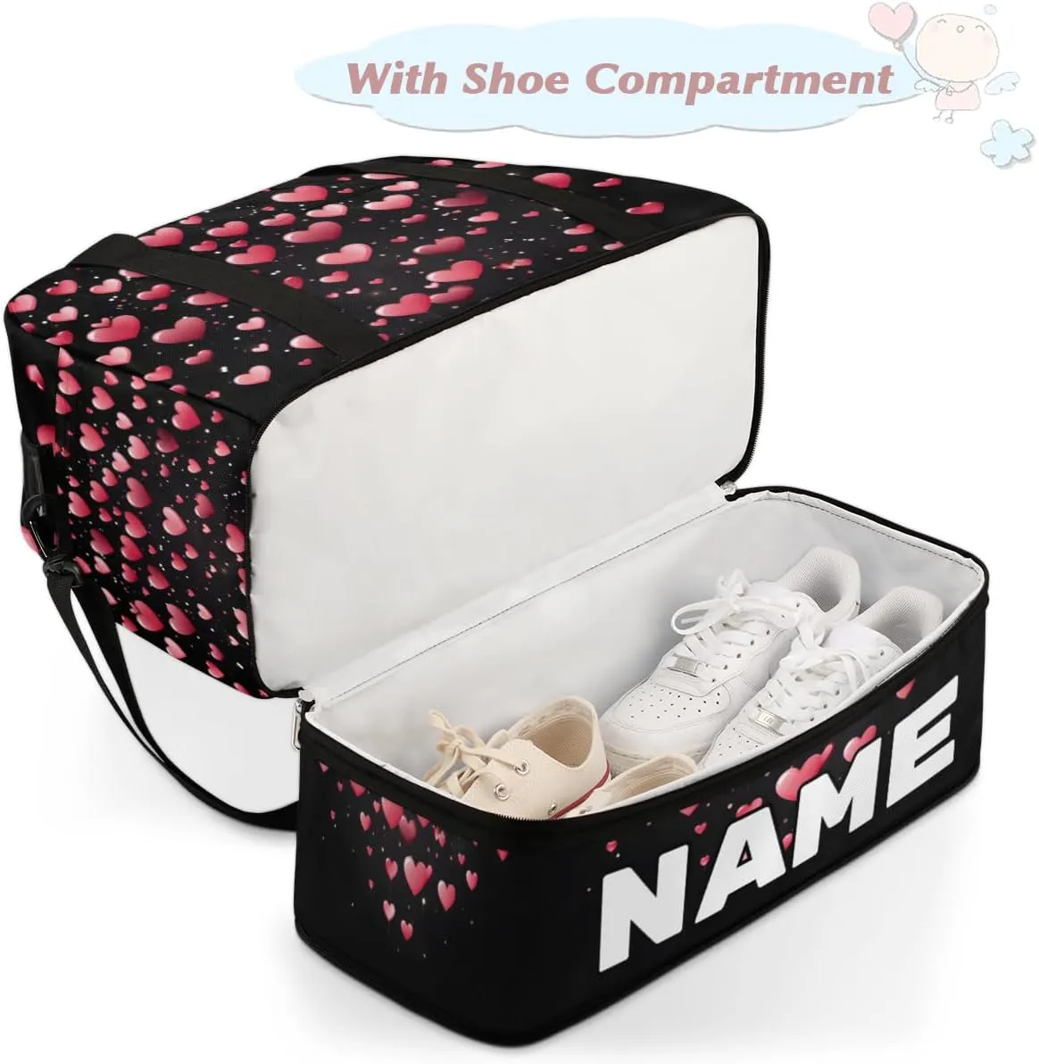 Valentine's Heart Custom Foldable Duffle Bag with Shoes Compartment Personalized Large Capacity Waterproof Travel Weekender Bag Overnight Bag for Sports Gym