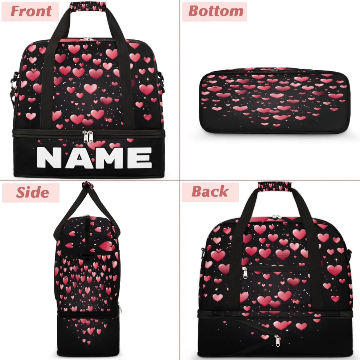 Valentine's Heart Custom Foldable Duffle Bag with Shoes Compartment Personalized Large Capacity Waterproof Travel Weekender Bag Overnight Bag for Sports Gym