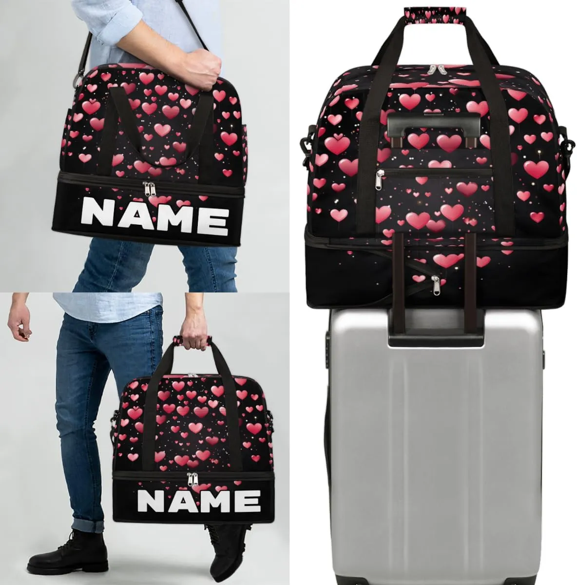 Valentine's Heart Custom Foldable Duffle Bag with Shoes Compartment Personalized Large Capacity Waterproof Travel Weekender Bag Overnight Bag for Sports Gym