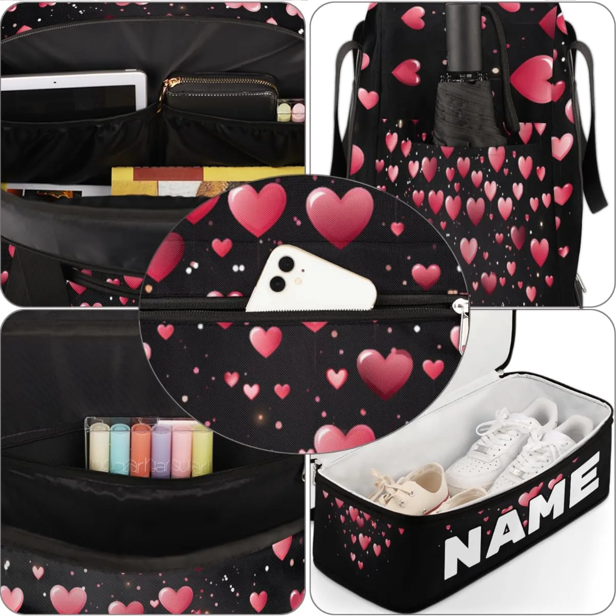 Valentine's Heart Custom Foldable Duffle Bag with Shoes Compartment Personalized Large Capacity Waterproof Travel Weekender Bag Overnight Bag for Sports Gym