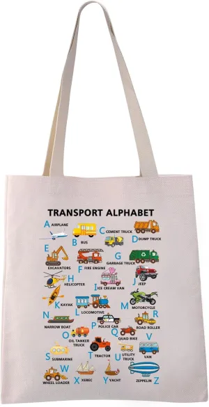 VAMSII Transport Alphabet Tote Bag Vehicle Alphabet Bag Transportation Alphabet ABC Gifts Car Truck Lover Gifts Canvas Bag