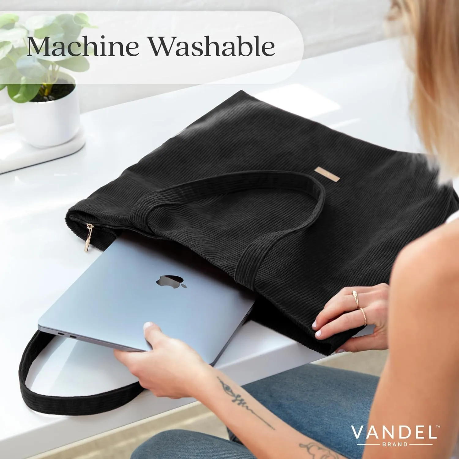 VANDEL Corduroy Tote Bag for Women and Men with Zipper and Inner Pockets. Cute School Tote Bag with Zipper, Aesthetic