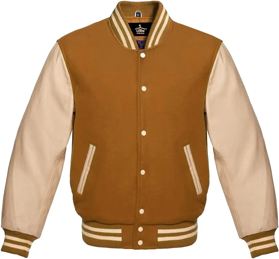Varsity Jacket Baseball Letterman Bomber Wool & Cream Genuine leather sleeves