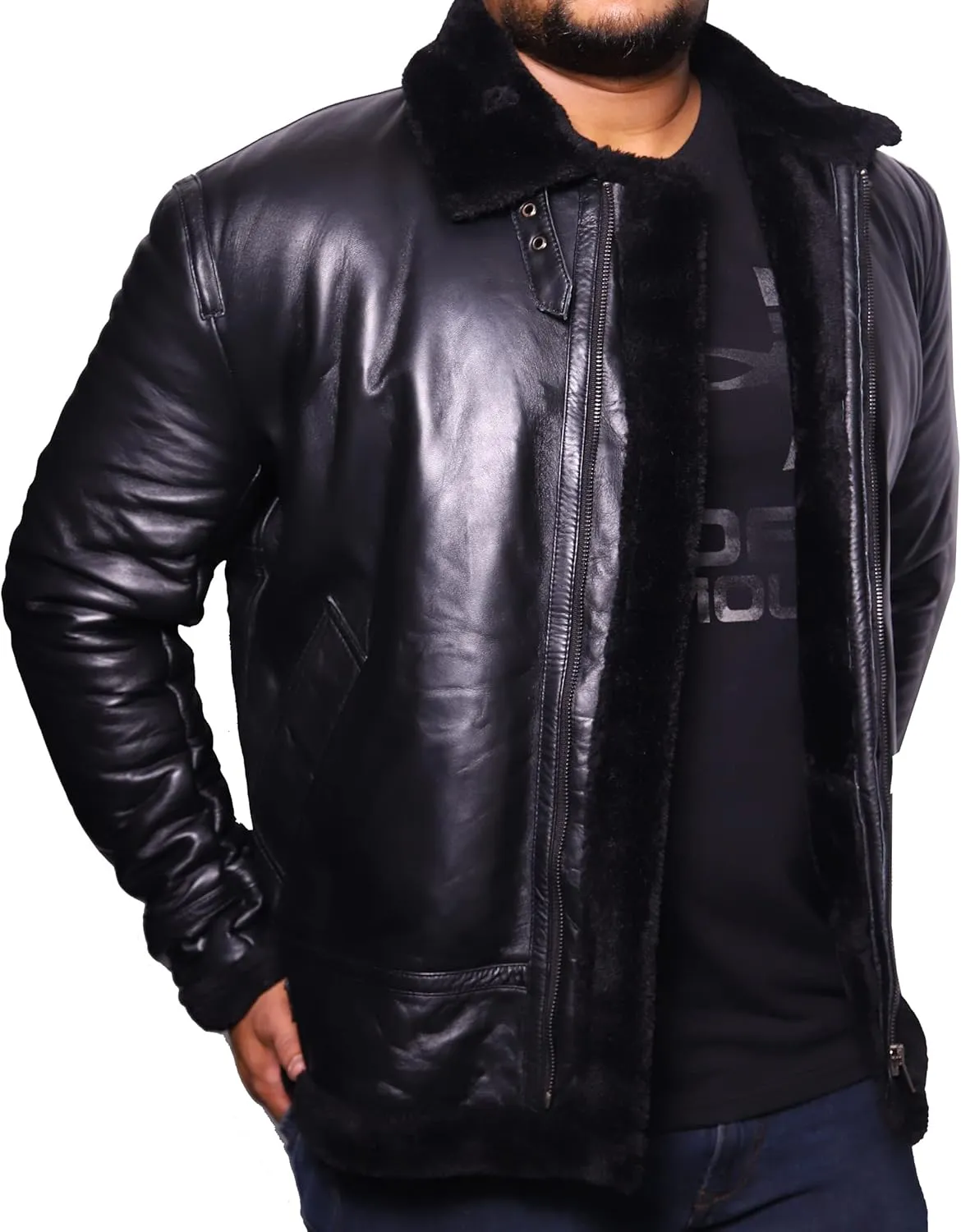 VearFit Bat Black Shearling flying aviator Real Leather Sheepskin Warm Winter Jacket for Men