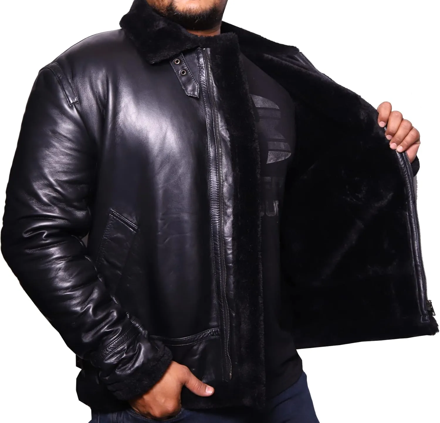 VearFit Bat Black Shearling flying aviator Real Leather Sheepskin Warm Winter Jacket for Men