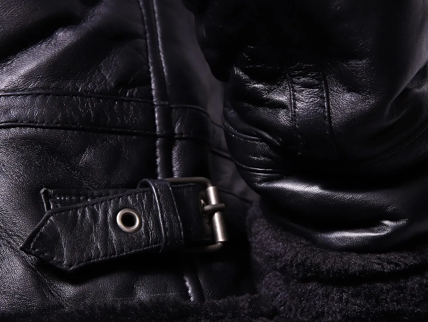 VearFit Bat Black Shearling flying aviator Real Leather Sheepskin Warm Winter Jacket for Men