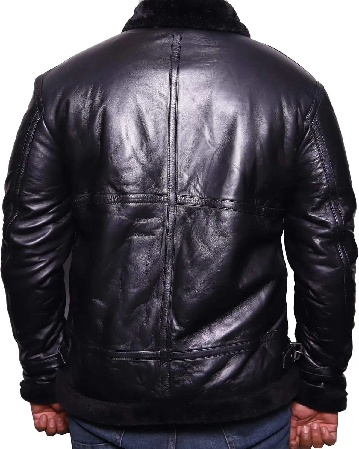 VearFit Bat Black Shearling flying aviator Real Leather Sheepskin Warm Winter Jacket for Men