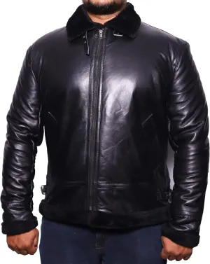 VearFit Bat Black Shearling flying aviator Real Leather Sheepskin Warm Winter Jacket for Men