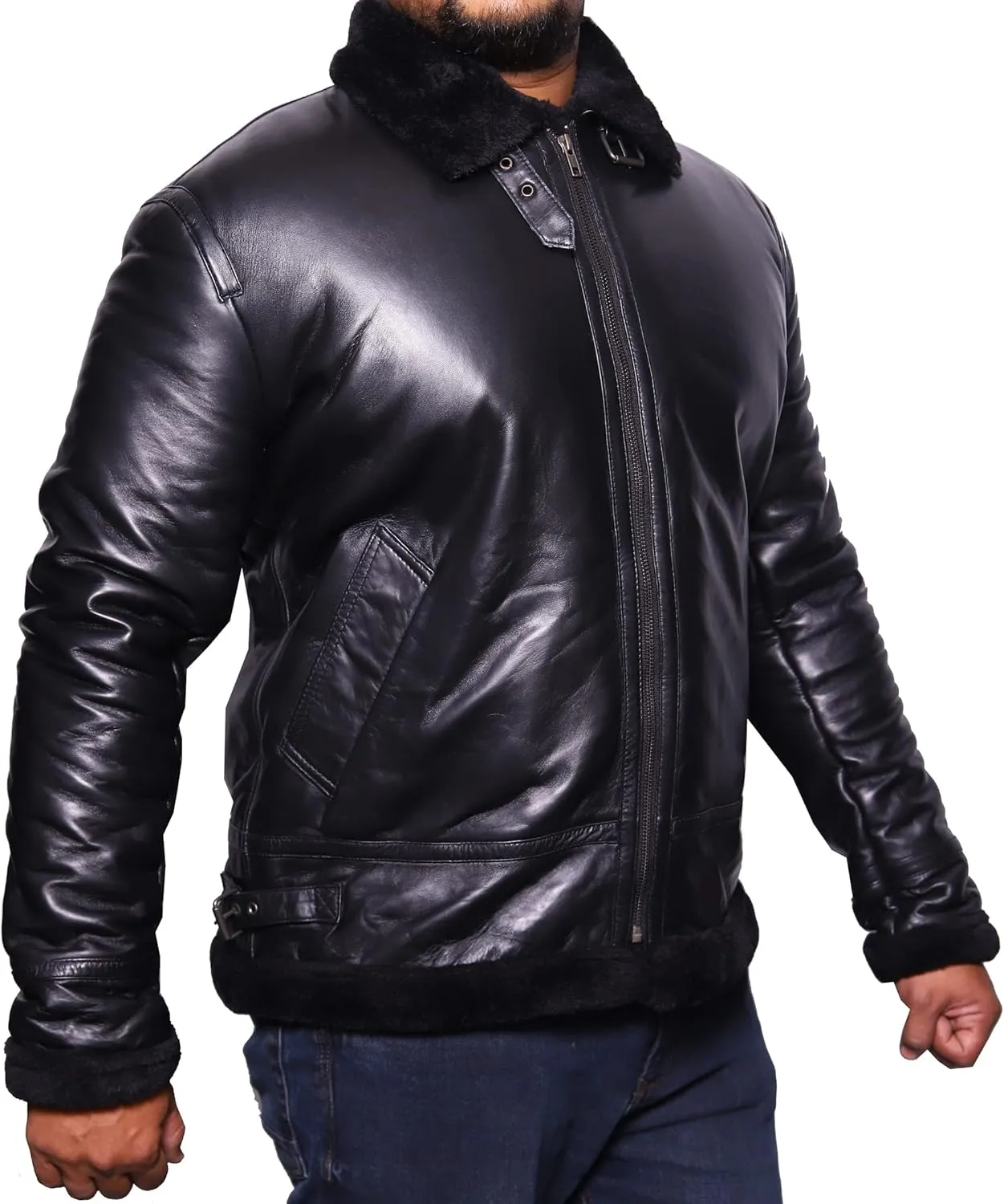 VearFit Bat Black Shearling flying aviator Real Leather Sheepskin Warm Winter Jacket for Men