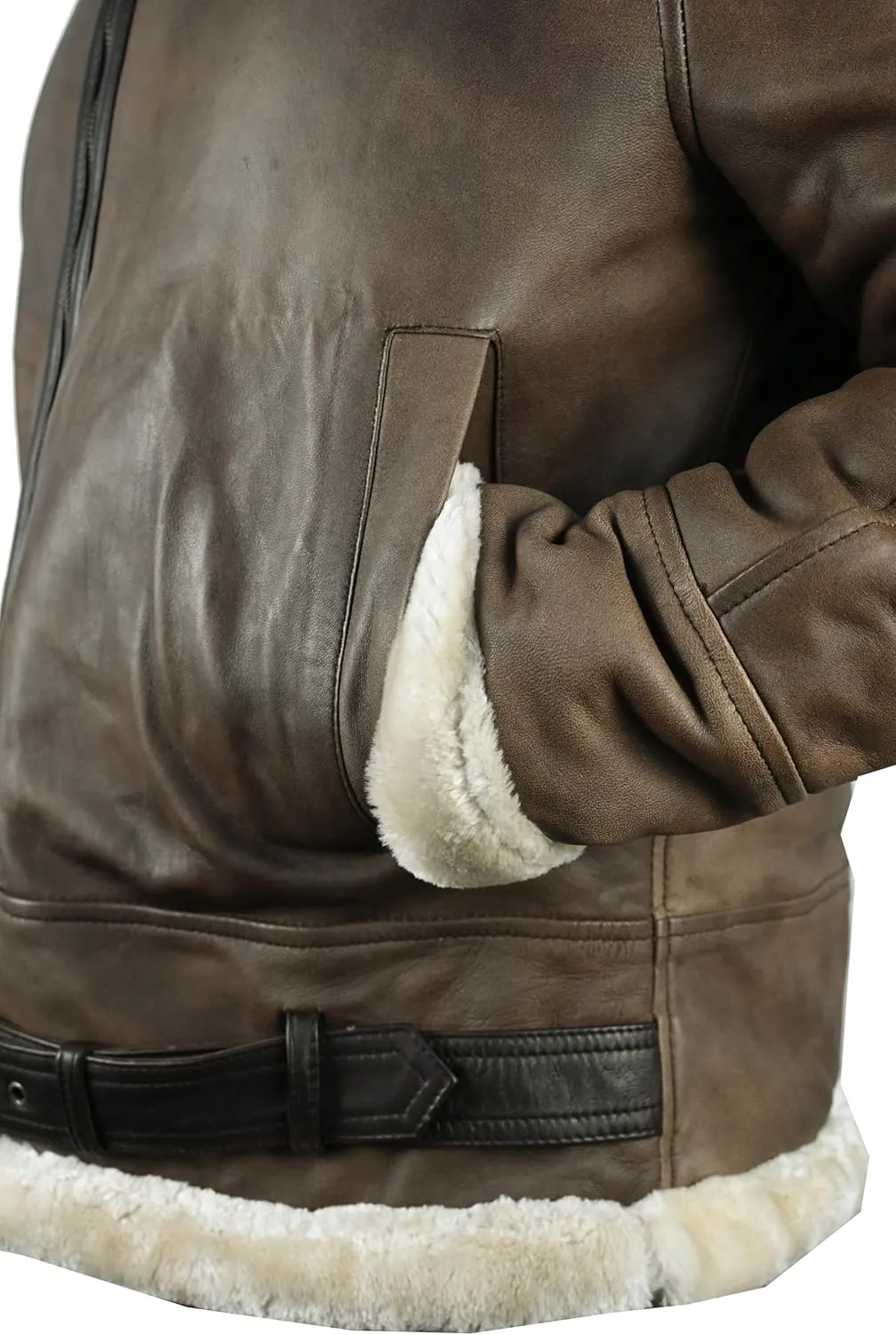 VearFit Benten Bomber White Shearling flying aviator Black Lambskin Real Leather Jacket for men