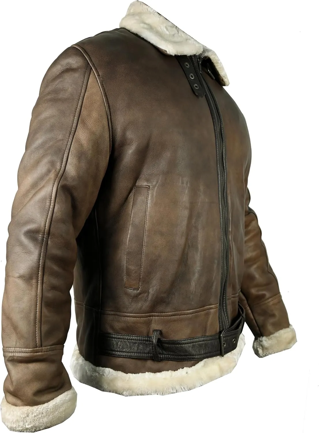 VearFit Benten Bomber White Shearling flying aviator Black Lambskin Real Leather Jacket for men