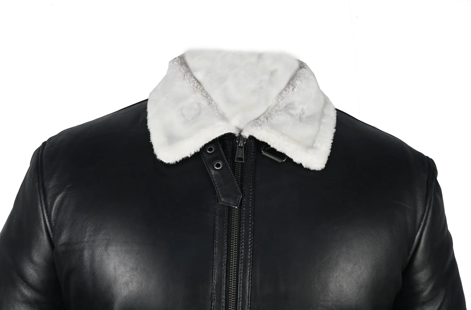 VearFit Benten Bomber White Shearling flying aviator Black Lambskin Real Leather Jacket for men