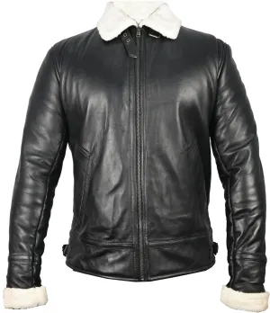 VearFit Benten Bomber White Shearling flying aviator Black Lambskin Real Leather Jacket for men