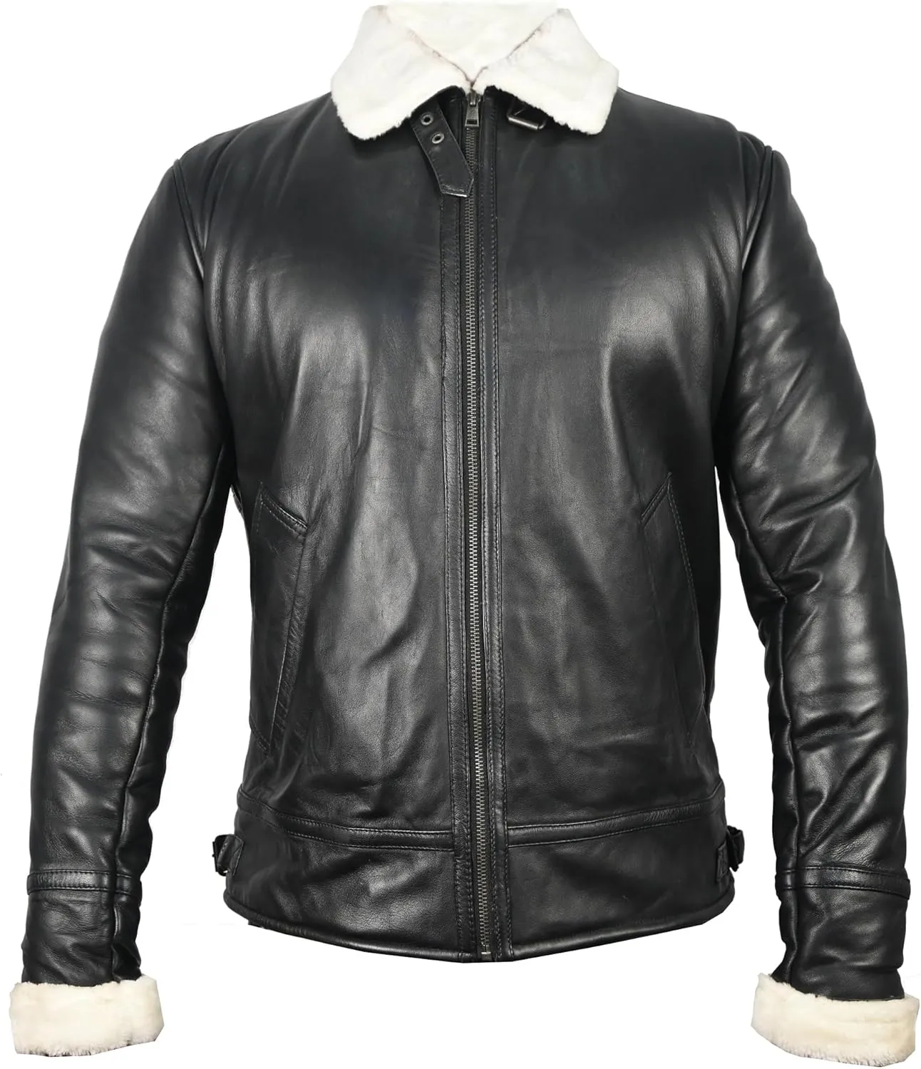 VearFit Benten Bomber White Shearling flying aviator Black Lambskin Real Leather Jacket for men