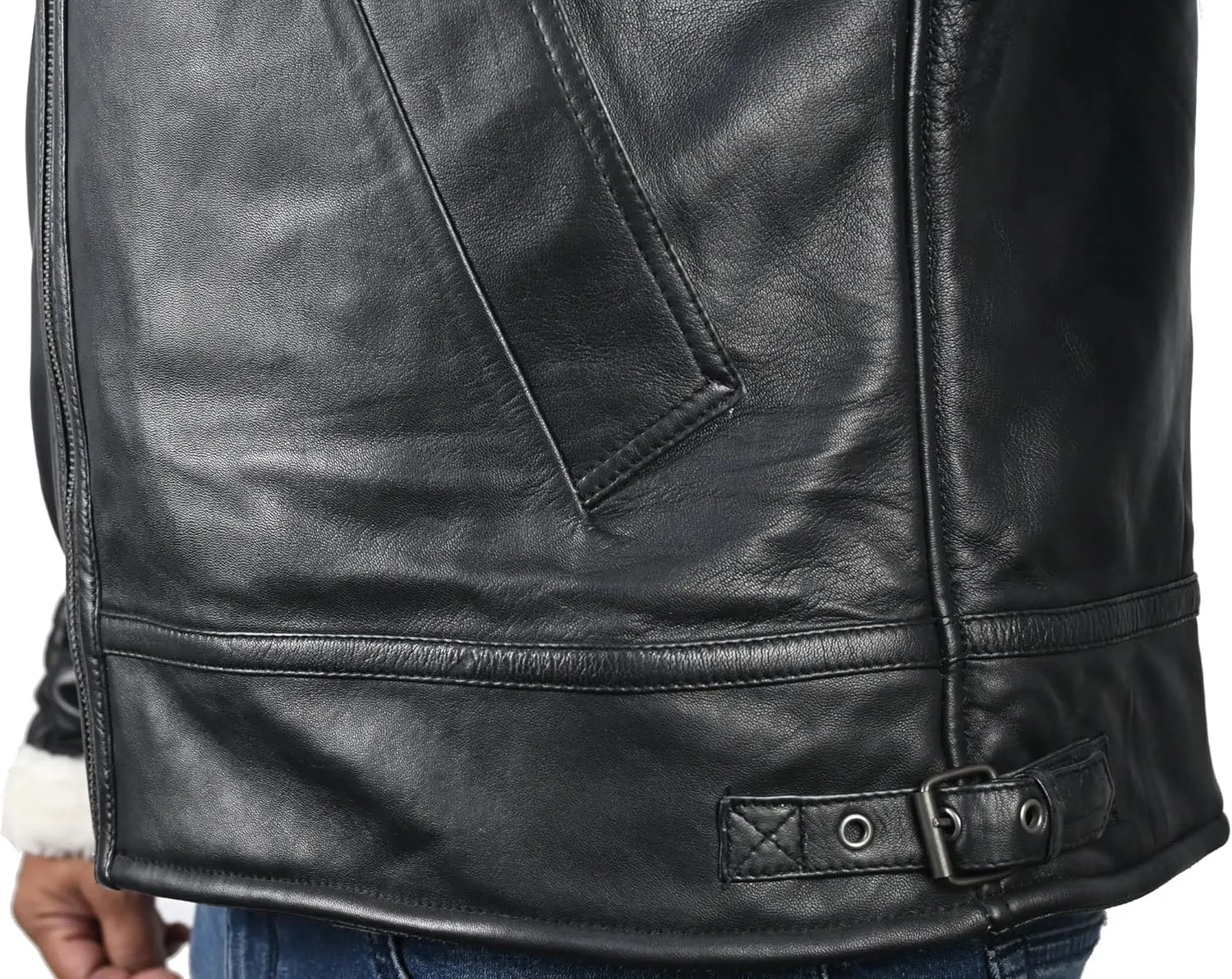 VearFit Benten Bomber White Shearling flying aviator Black Lambskin Real Leather Jacket for men