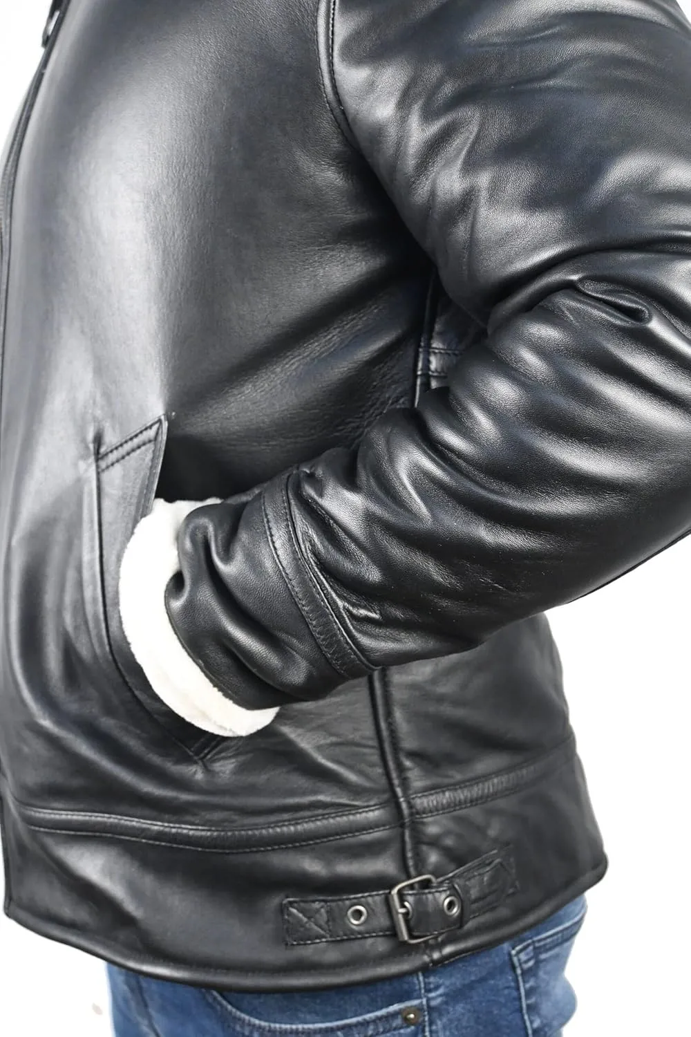 VearFit Benten Bomber White Shearling flying aviator Black Lambskin Real Leather Jacket for men