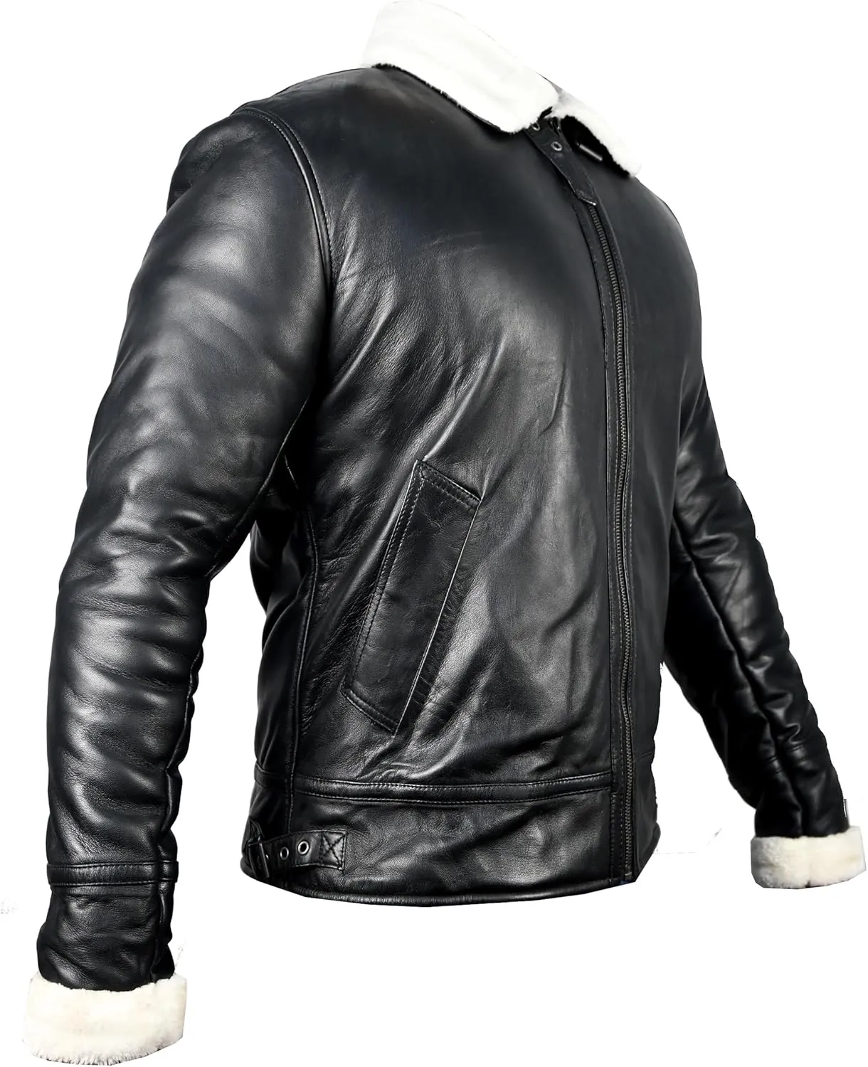 VearFit Benten Bomber White Shearling flying aviator Black Lambskin Real Leather Jacket for men