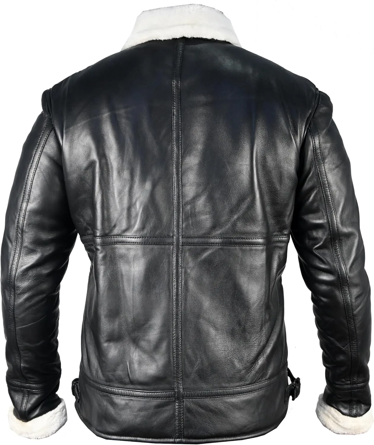 VearFit Benten Bomber White Shearling flying aviator Black Lambskin Real Leather Jacket for men
