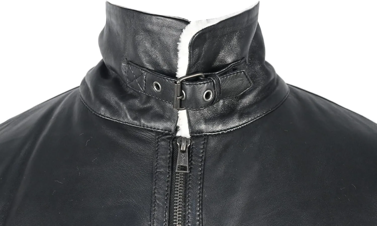 VearFit Benten Bomber White Shearling flying aviator Black Lambskin Real Leather Jacket for men