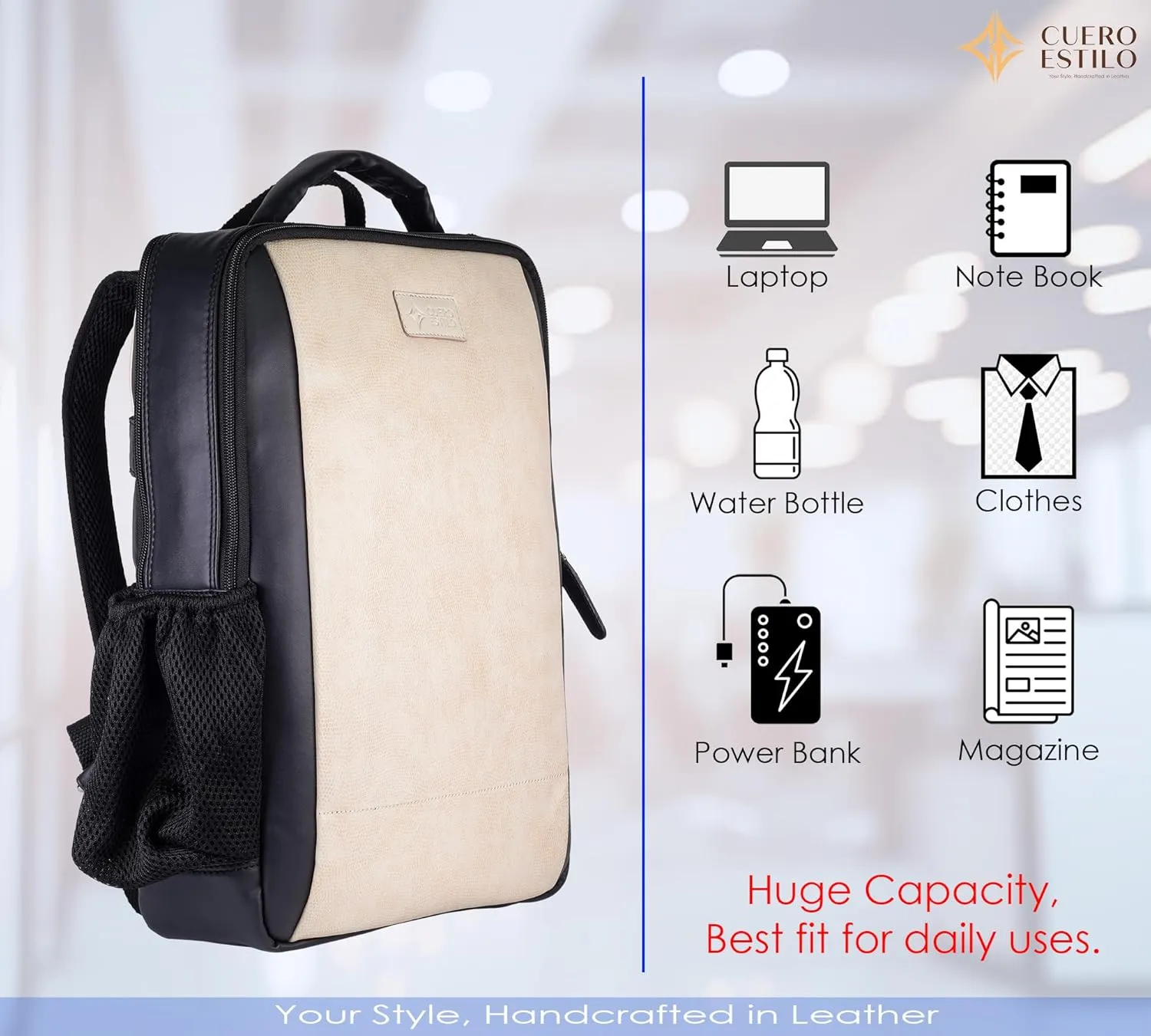 Vegan Leather Laptop Backpack - Eco-Friendly, Stylish 12L Backpack with Laptop Sleeve & Trolley Strap - Durable, Lightweight for Work & Travel.
