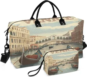 Venice Bridge Boat Sports Gym Bag for Women Men Travel Duffel Bag Weekend Overnight Carry on Bag with Toiletry Bag Training Handbag for Hospital Plane Swimming Yoga Workout