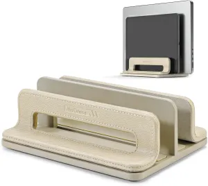 Vertical Stand, Double Desktop Holder with Adjustable Dock: 0.47 to 1.18" Leather Holder for MacBook/Tablet/Surface/iPad/Laptop Storage (White Walnut)