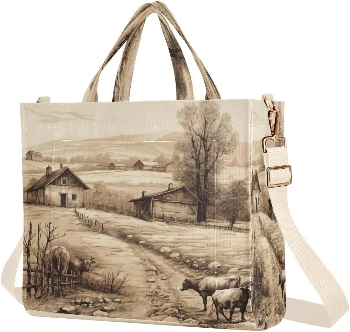 Village Farmhouse Corduroy Tote Bag for Women Hobo Crossbody Bag Purse Stylish Shoulder Handbag Messenger Bags, S