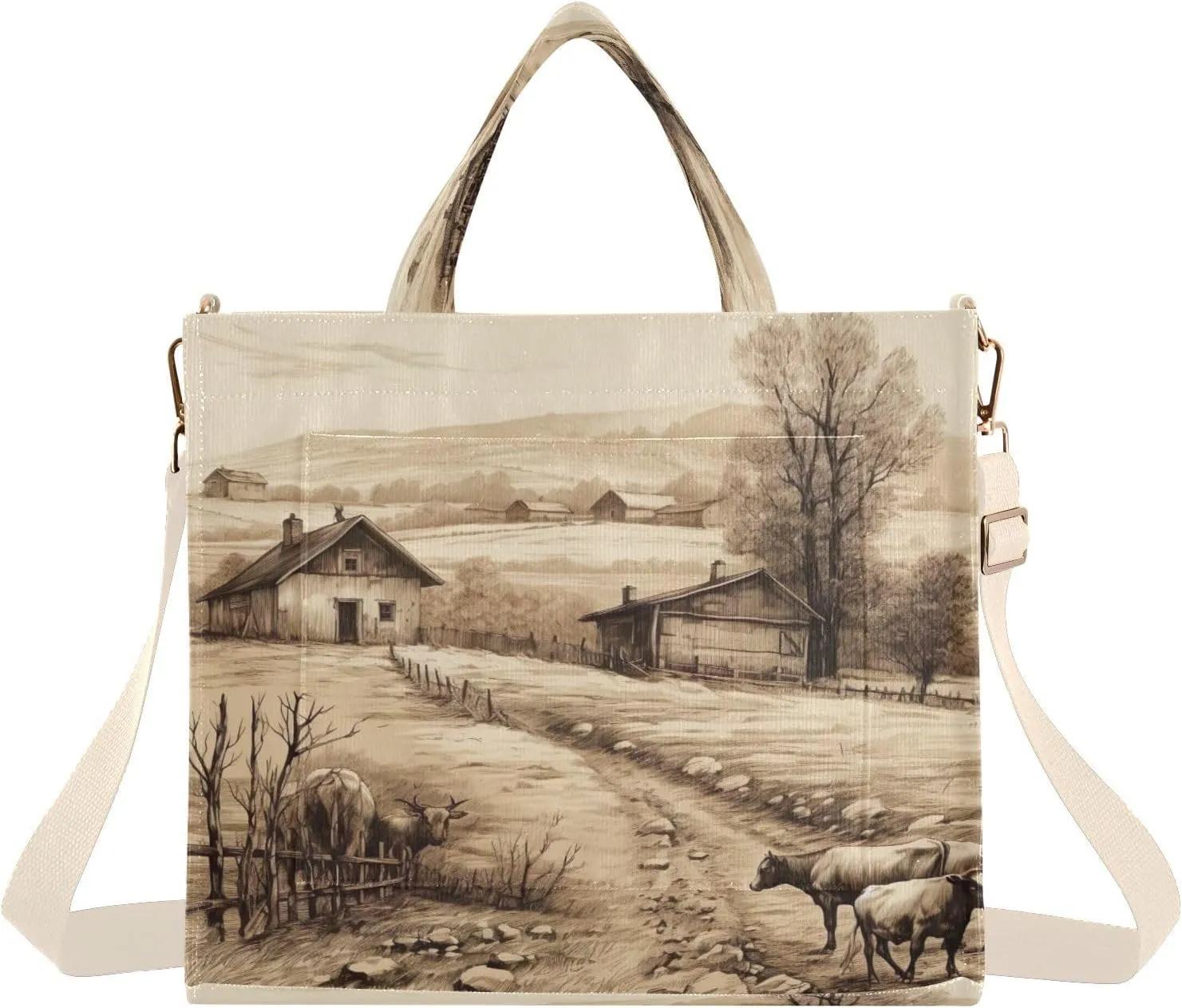 Village Farmhouse Corduroy Tote Bag for Women Hobo Crossbody Bag Purse Stylish Shoulder Handbag Messenger Bags, S
