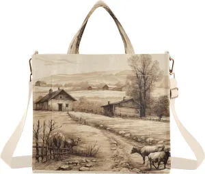 Village Farmhouse Corduroy Tote Bag for Women Hobo Crossbody Bag Purse Stylish Shoulder Handbag Messenger Bags, S