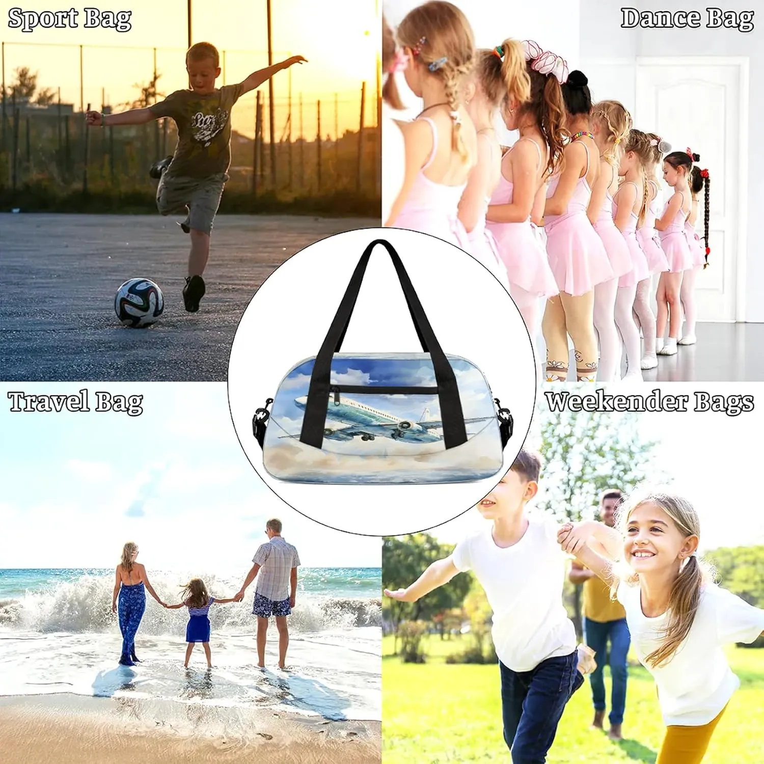 Vintage Airplanes Pattern Kids Duffel Bag Lightweight Waterproof Sports Gym Bag with Front Zipper Pocket Foldable Weekender Overnight Bag for School Practice Gymnastic Ballet
