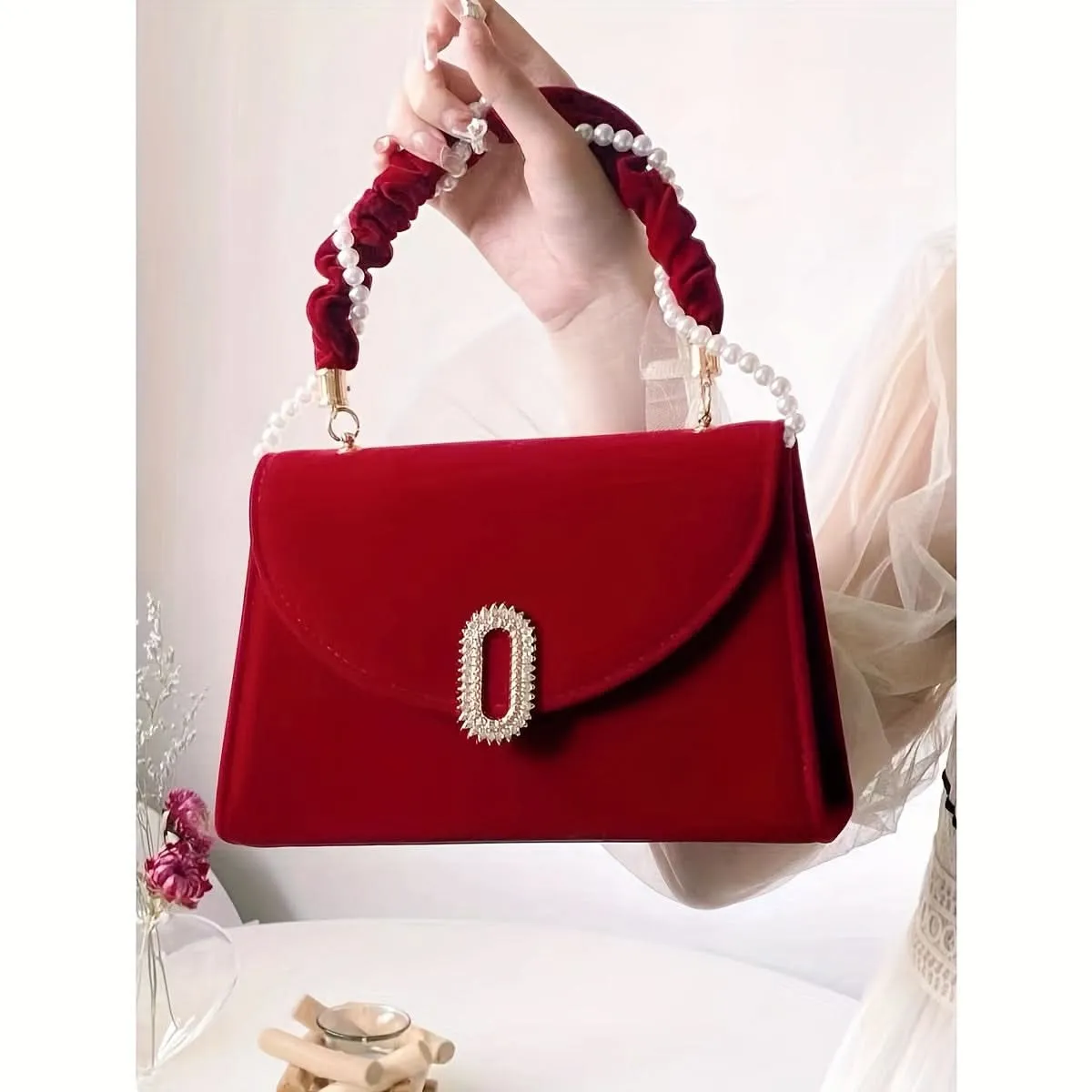 Vintage Burgundy Velvet Clutch with Pearl Handle