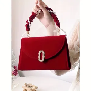 Vintage Burgundy Velvet Clutch with Pearl Handle