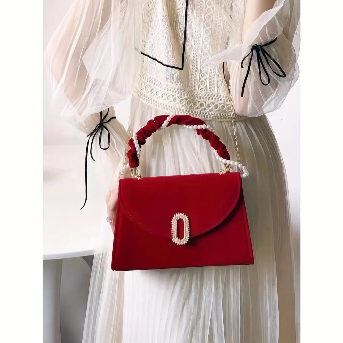 Vintage Burgundy Velvet Clutch with Pearl Handle