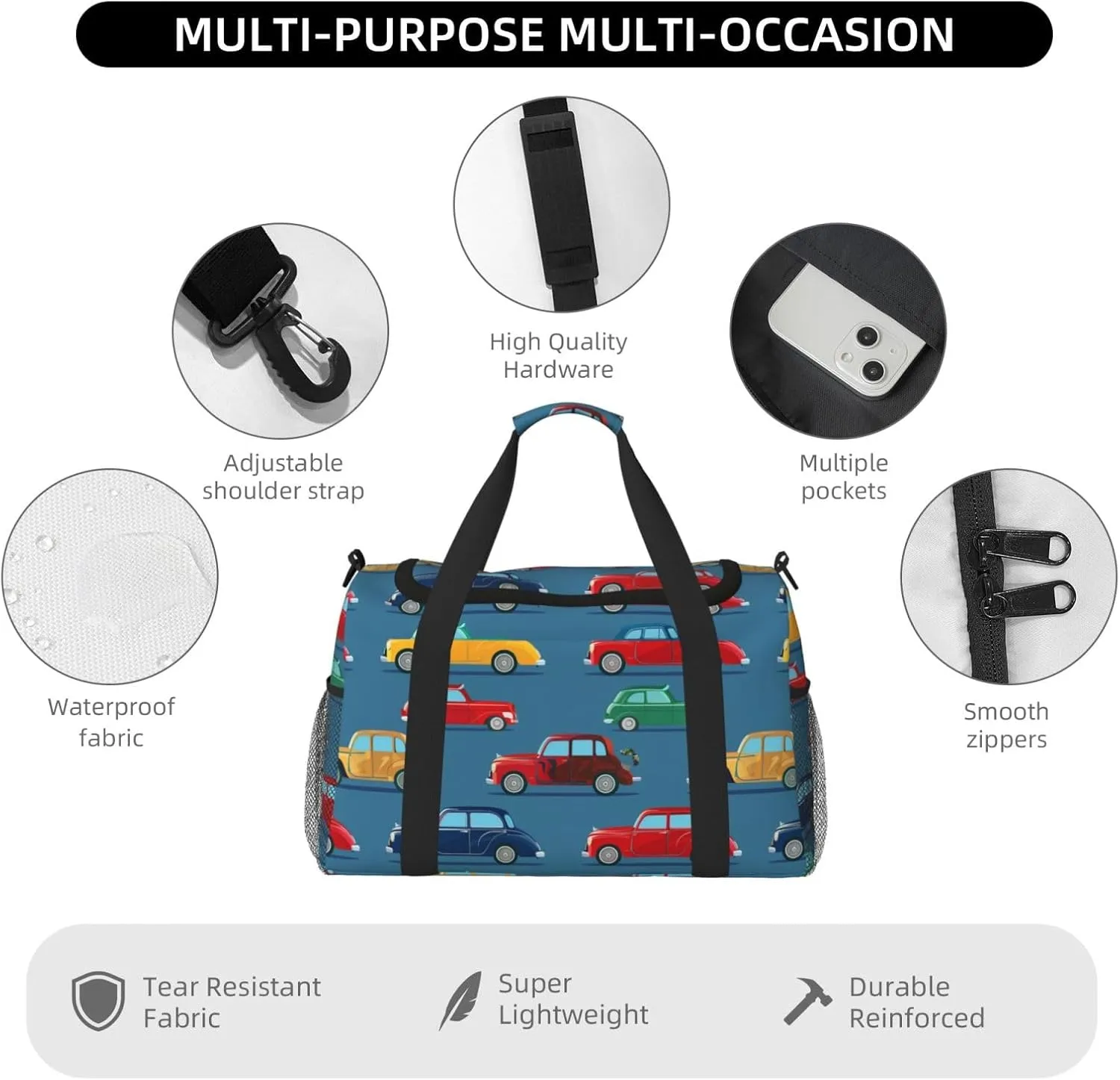 Vintage Cars Duffle Bag Foldable Travel Tote Bag Carry On Large Weekender Overnight Bags Waterproof Gym Bag For Women Men