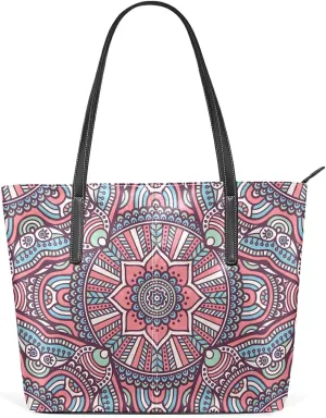 Vintage Decorative Motifs Tote Bag for Women Leather Shoulder Handbag with Zipper and Pockets Fashion Casual Handle Bag Purse for Travel Beach Working Laptop School Gym Shopping