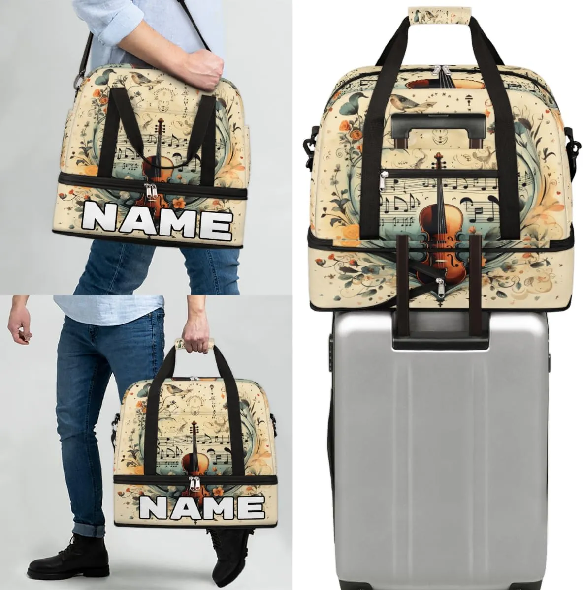 Vintage Guitar Custom Foldable Duffle Bag with Shoes Compartment Personalized Large Capacity Waterproof Travel Weekender Bag Overnight Bag for Sports Gym