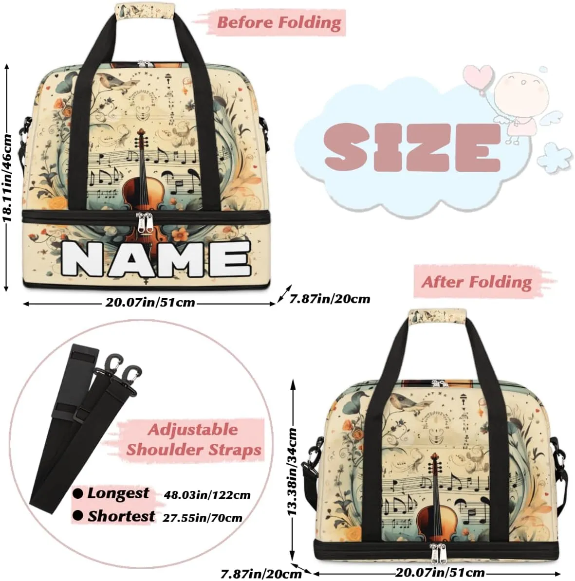 Vintage Guitar Custom Foldable Duffle Bag with Shoes Compartment Personalized Large Capacity Waterproof Travel Weekender Bag Overnight Bag for Sports Gym