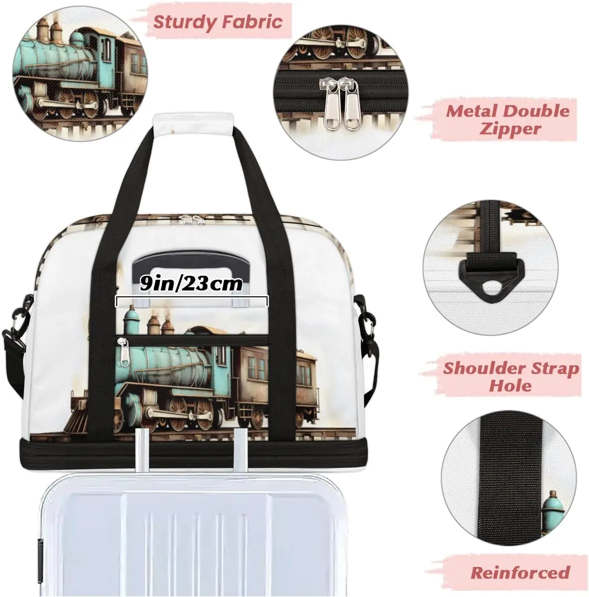 Vintage Train Foldable Duffle Bag with Shoes Compartment Large Capacity Waterproof Travel Weekender Bag Overnight Bag for Sports Gym