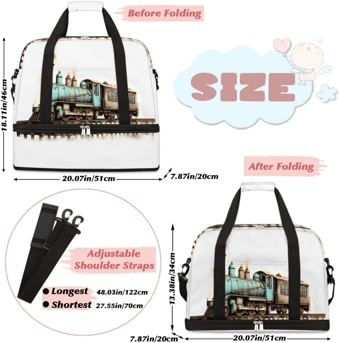 Vintage Train Foldable Duffle Bag with Shoes Compartment Large Capacity Waterproof Travel Weekender Bag Overnight Bag for Sports Gym