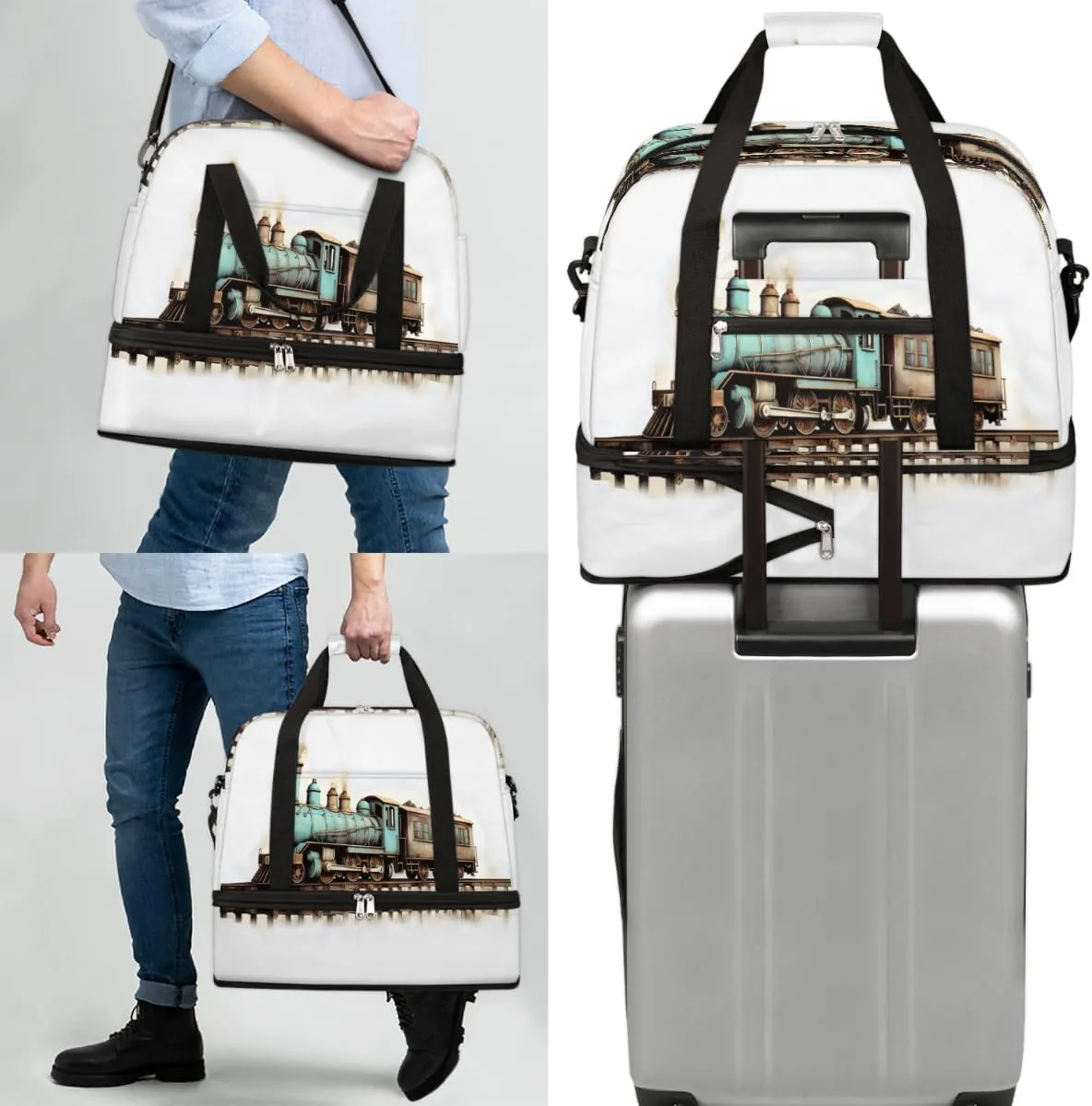 Vintage Train Foldable Duffle Bag with Shoes Compartment Large Capacity Waterproof Travel Weekender Bag Overnight Bag for Sports Gym