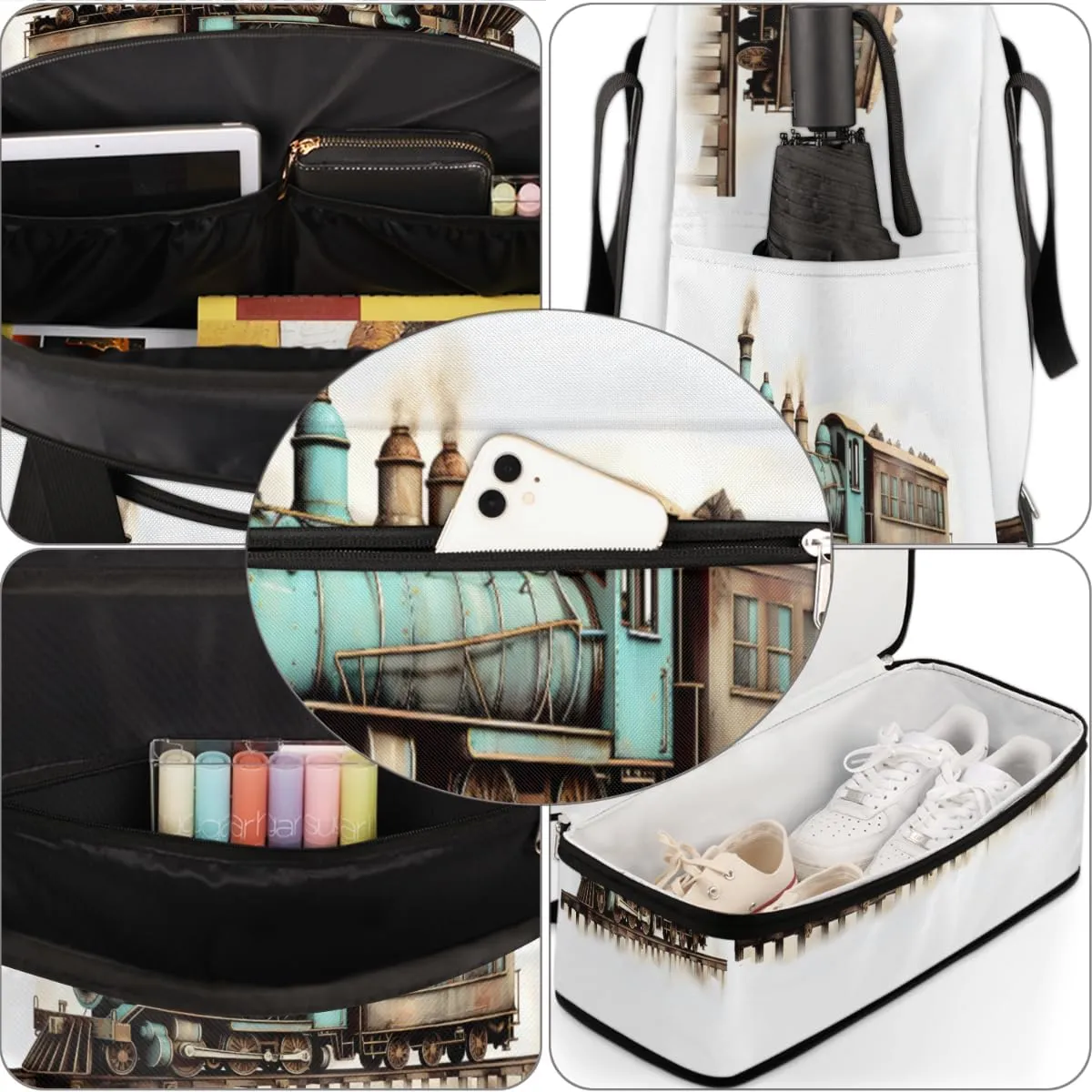 Vintage Train Foldable Duffle Bag with Shoes Compartment Large Capacity Waterproof Travel Weekender Bag Overnight Bag for Sports Gym