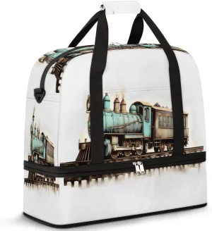 Vintage Train Foldable Duffle Bag with Shoes Compartment Large Capacity Waterproof Travel Weekender Bag Overnight Bag for Sports Gym