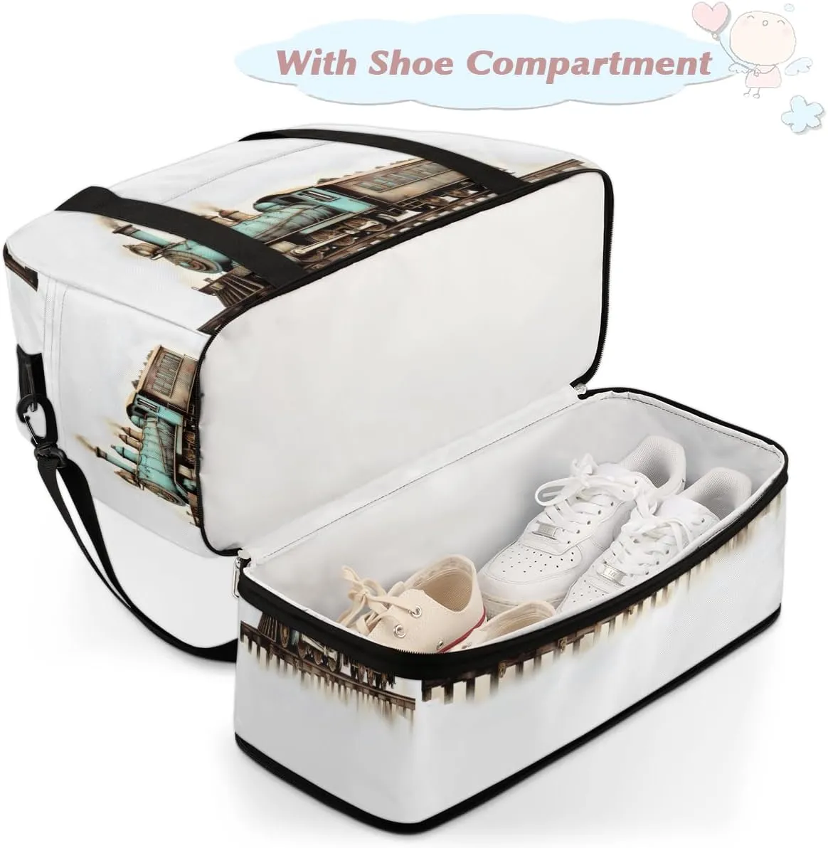 Vintage Train Foldable Duffle Bag with Shoes Compartment Large Capacity Waterproof Travel Weekender Bag Overnight Bag for Sports Gym