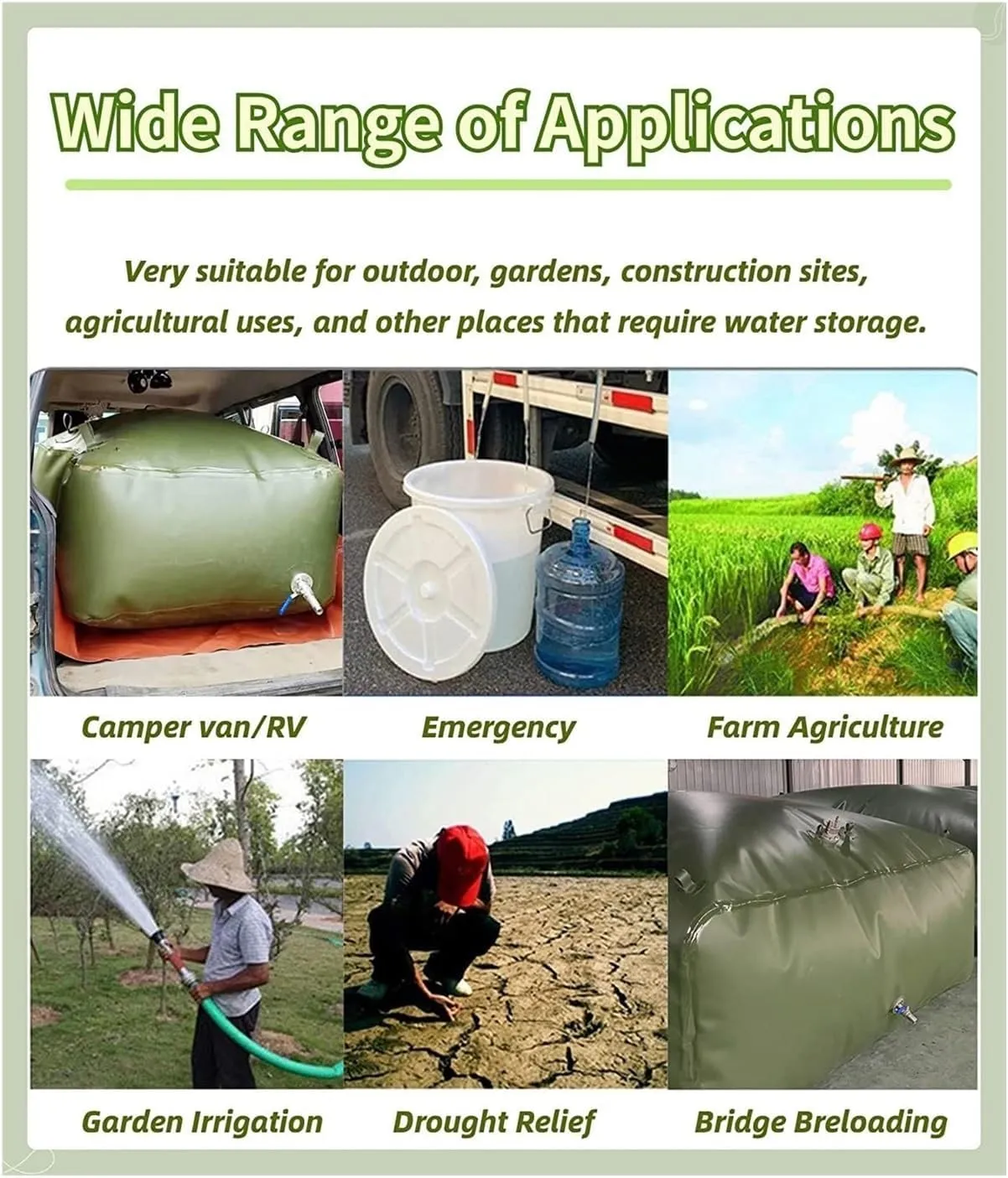 Water Storage Bag Water Storage Bladder for Camping Gardening, Emergency Water Storage Containers Collapsible Large Capacity Soft Water Bag, Green(2000 L/2x1.5x0.7m)