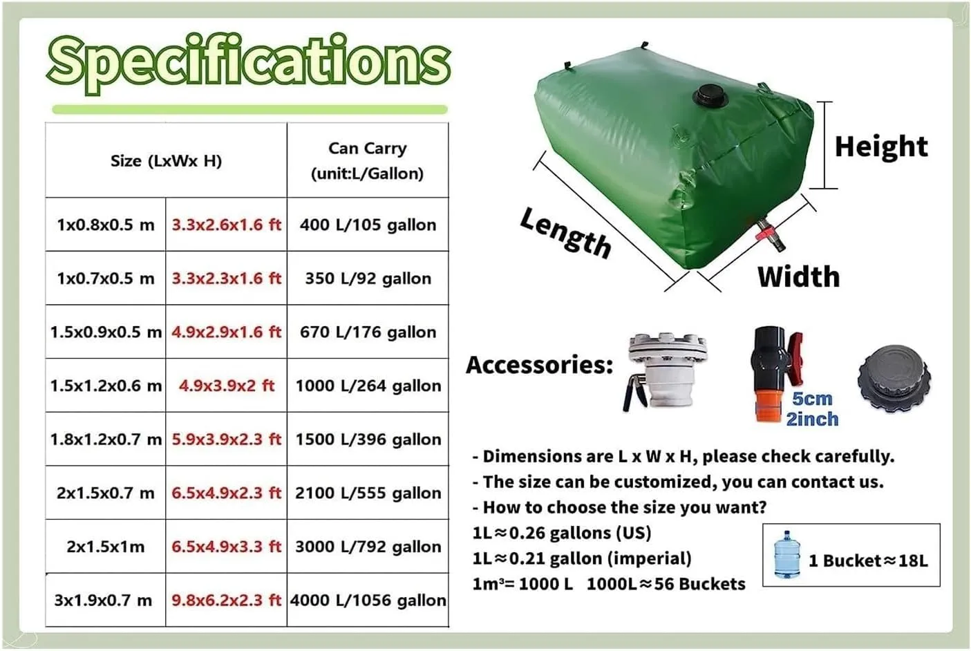 Water Storage Bag Water Storage Bladder for Camping Gardening, Emergency Water Storage Containers Collapsible Large Capacity Soft Water Bag, Green(2000 L/2x1.5x0.7m)