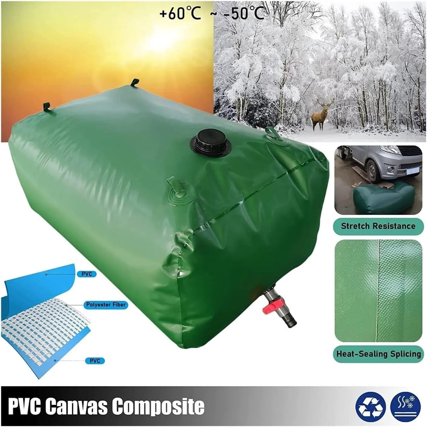 Water Storage Bag Water Storage Bladder for Camping Gardening, Emergency Water Storage Containers Collapsible Large Capacity Soft Water Bag, Green(2000 L/2x1.5x0.7m)