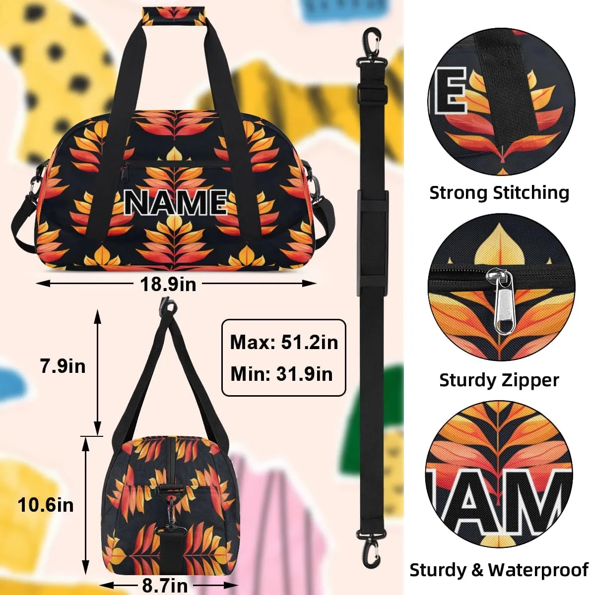 Watercolor Autumn Mini Gym Bag 18 inch for Women Men Waterproof Custom Fall Thanksgiving Travel Duffel Bag Carry On Overnight Tote Nurse Bag for Work Fitness Hiking