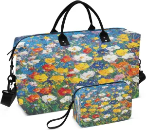 Watercolor Flowers Field Sports Gym Bag for Women Men Travel Duffel Bag Weekend Overnight Carry on Bag with Toiletry Bag Training Handbag for Plane Hospital Swimming Yoga Workout