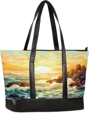 Watercolor Sea Sunset Laptop Tote Bag for Women Lightweight Work Purse with Multiple Compartments Fits 13-15.6 Inch Laptop Tablet Shoulder Bag for Office Travel Daily Use