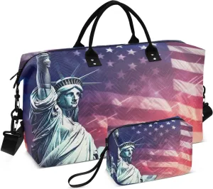 Watercolor Statue Of Liberty Usa Flag Sports Gym Bag for Women Men Travel Duffel Bag Weekend Overnight Carry on Bag with Toiletry Bag Yoga Bag for Plane Hospital Swimming Yoga Workout